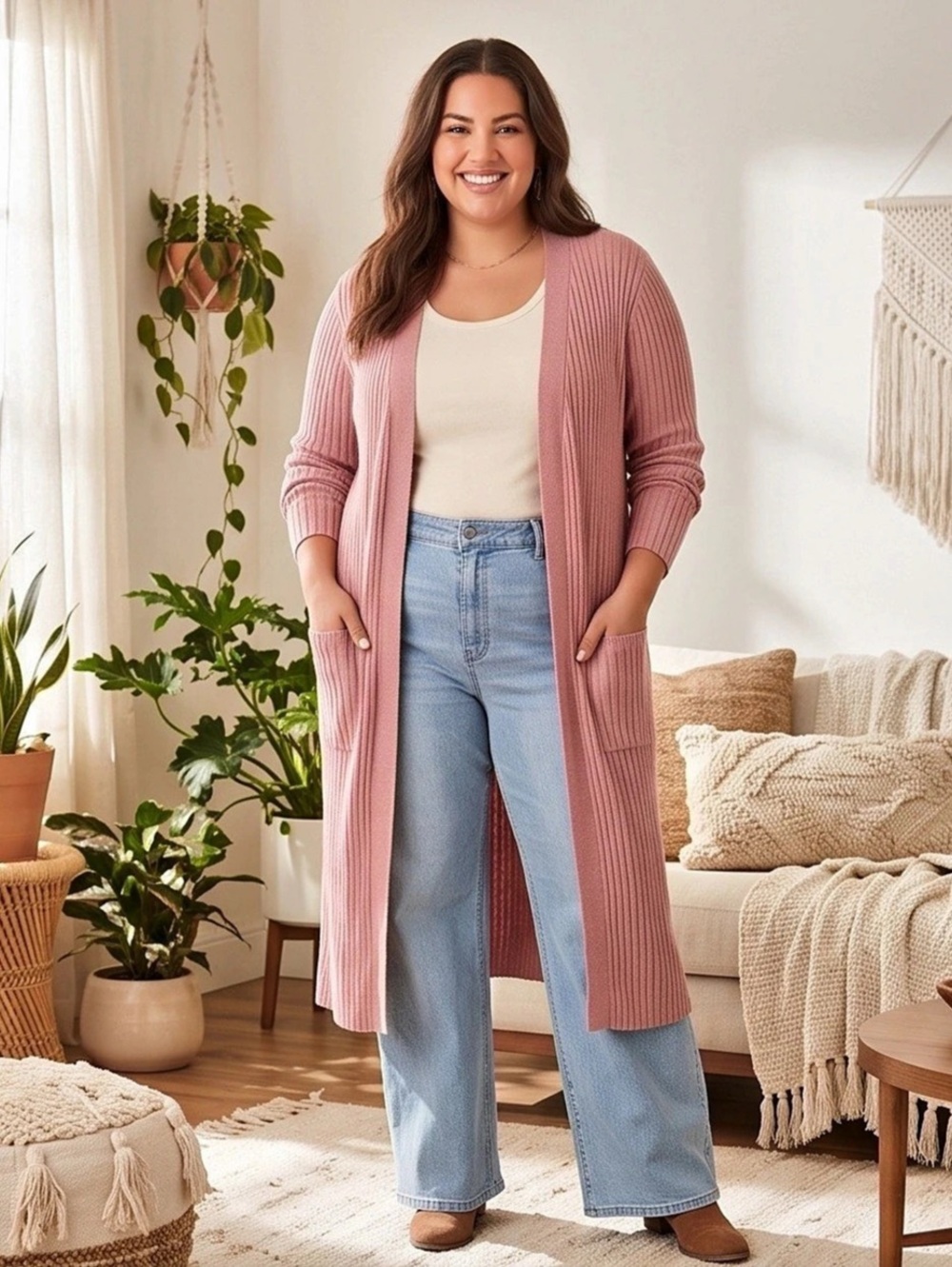 Time and Tru Open Front Rib-Knit Cardigan Sweater with Pockets Pink XL